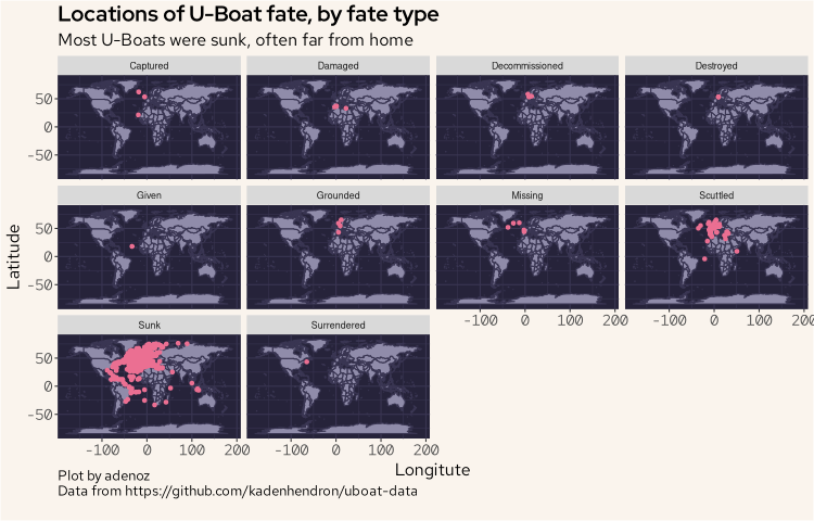 Map showing all uboat fate locs by fate